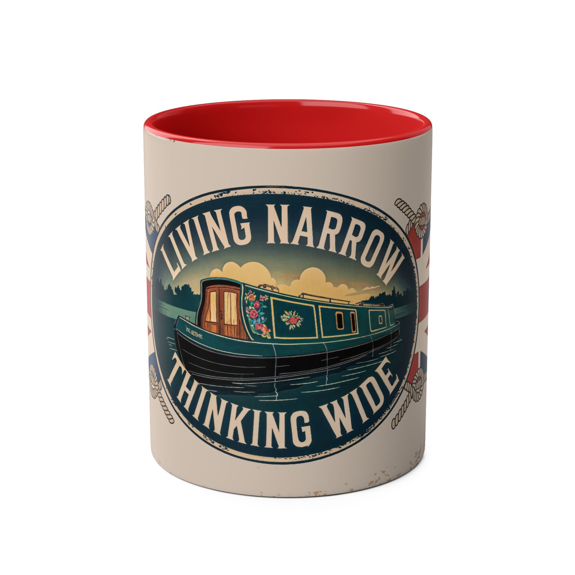 Mug with "Living Narrow, Thinking Wide" design featuring a boat on a white background