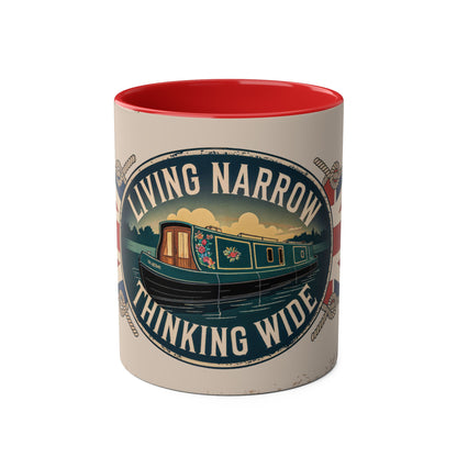 Mug with "Living Narrow, Thinking Wide" design featuring a boat on a white background