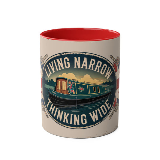 Mug with "Living Narrow, Thinking Wide" design featuring a boat on a white background