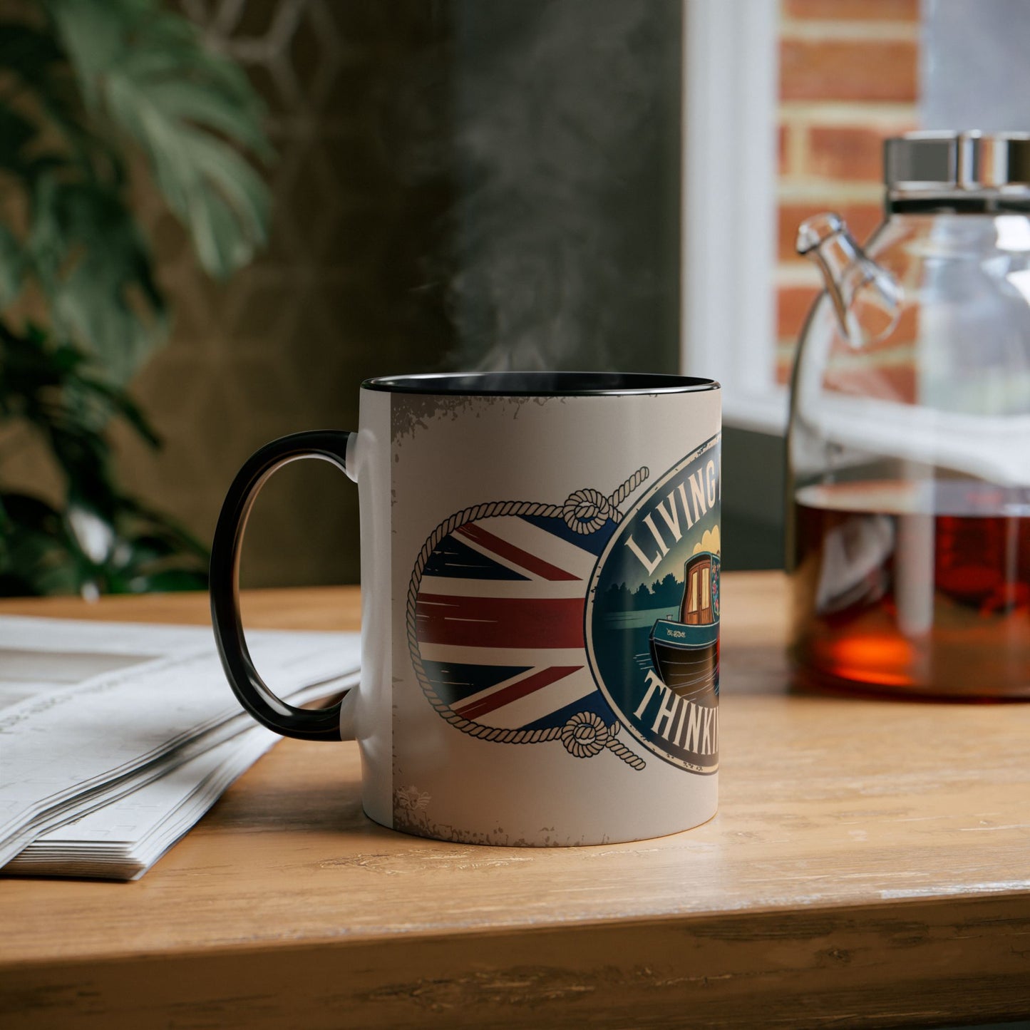 Mug with a British flag design on a wooden table with a blurred background