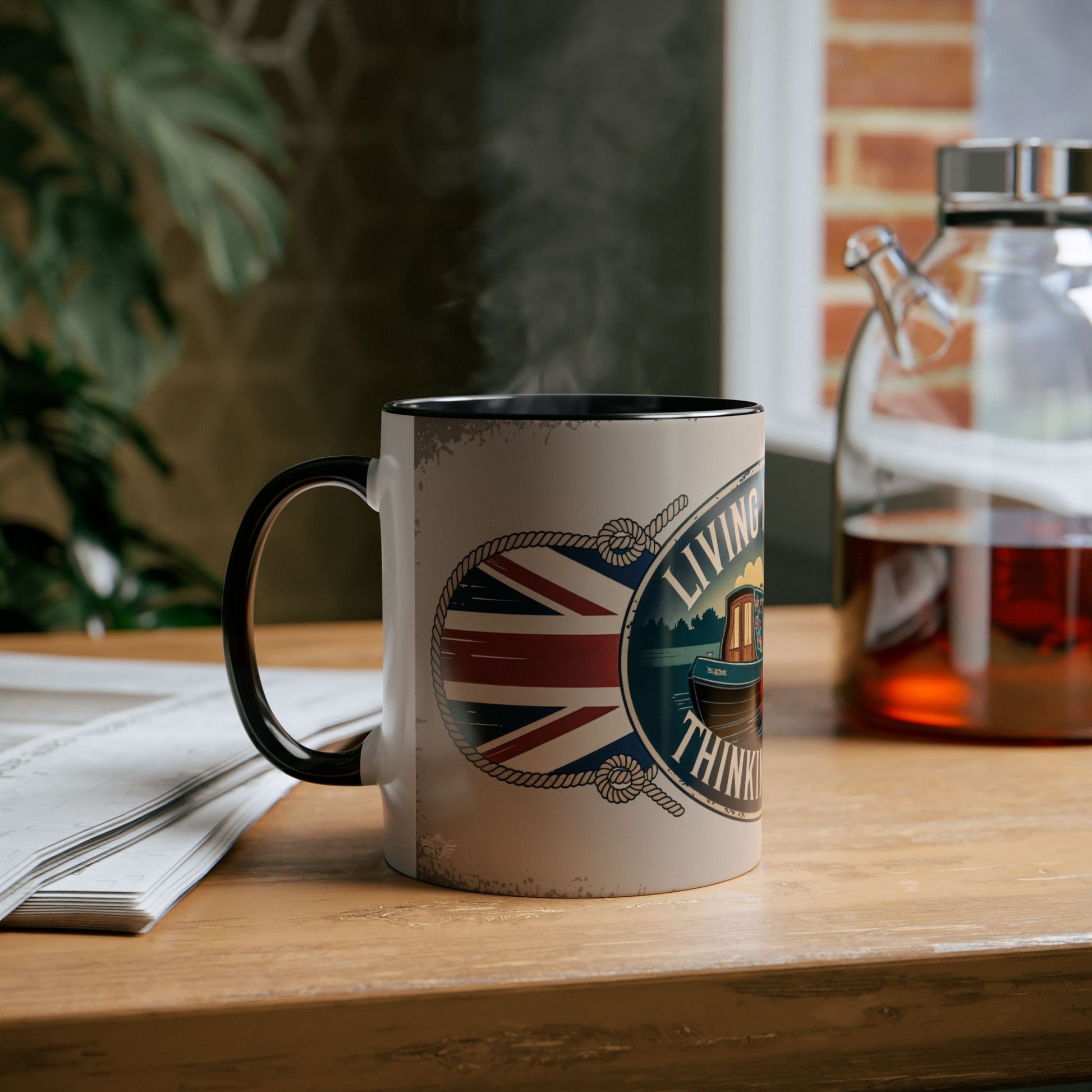 Mug with a British flag design on a wooden table with a blurred background