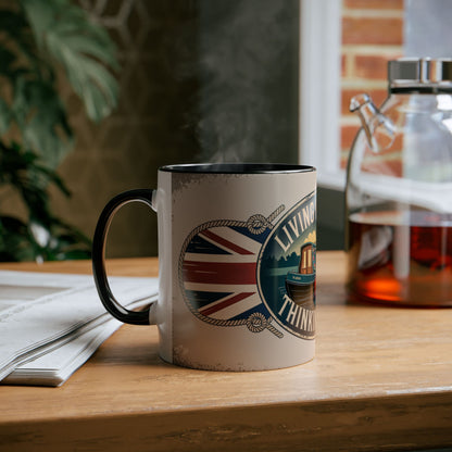 Mug with a British flag design on a wooden table with a blurred background