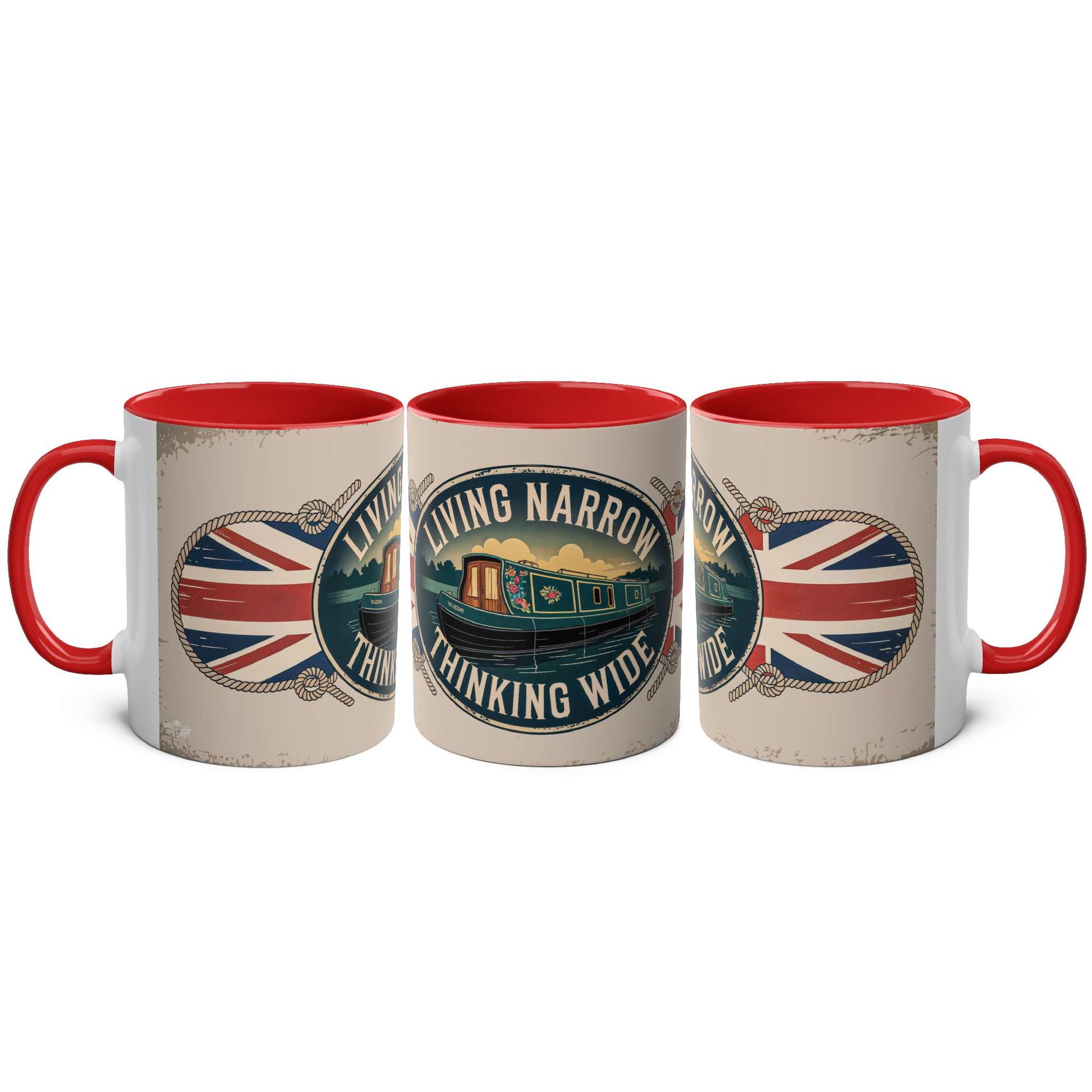 Three mugs with British-themed designs and red interior and handle on a white background
