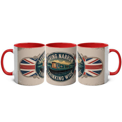 Three mugs with British-themed designs and red interior and handle on a white background