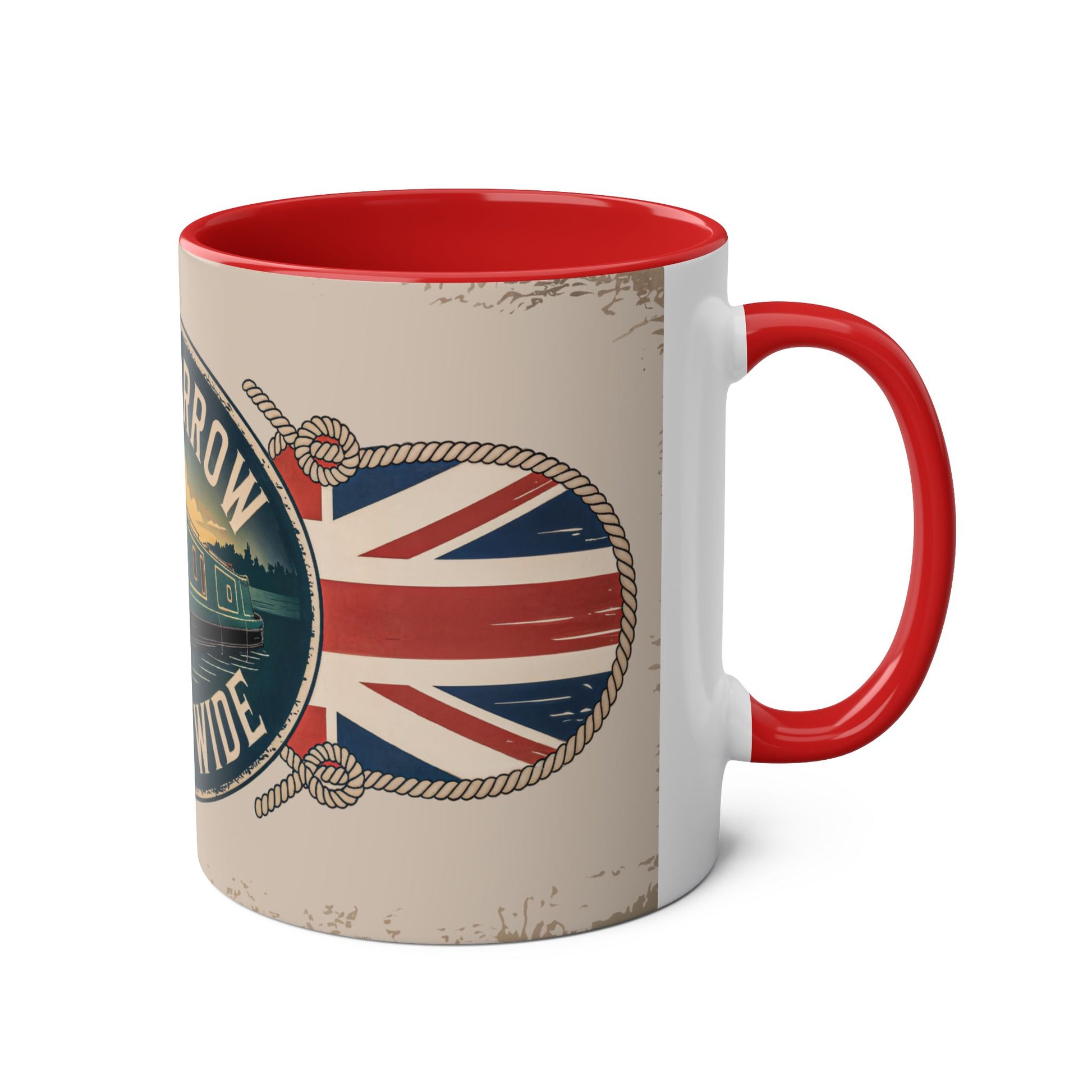 Mug with British flag design and red interior and handle on a beige background