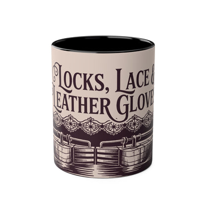 Mug with text "Locks, Lace & Leather Gloves" on a beige background