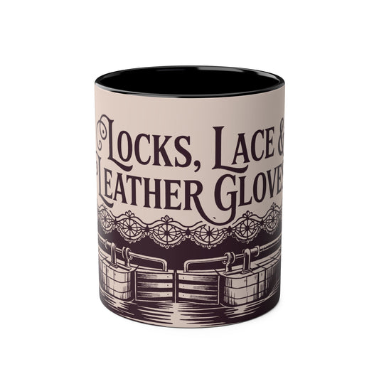 Mug with text "Locks, Lace & Leather Gloves" on a beige background