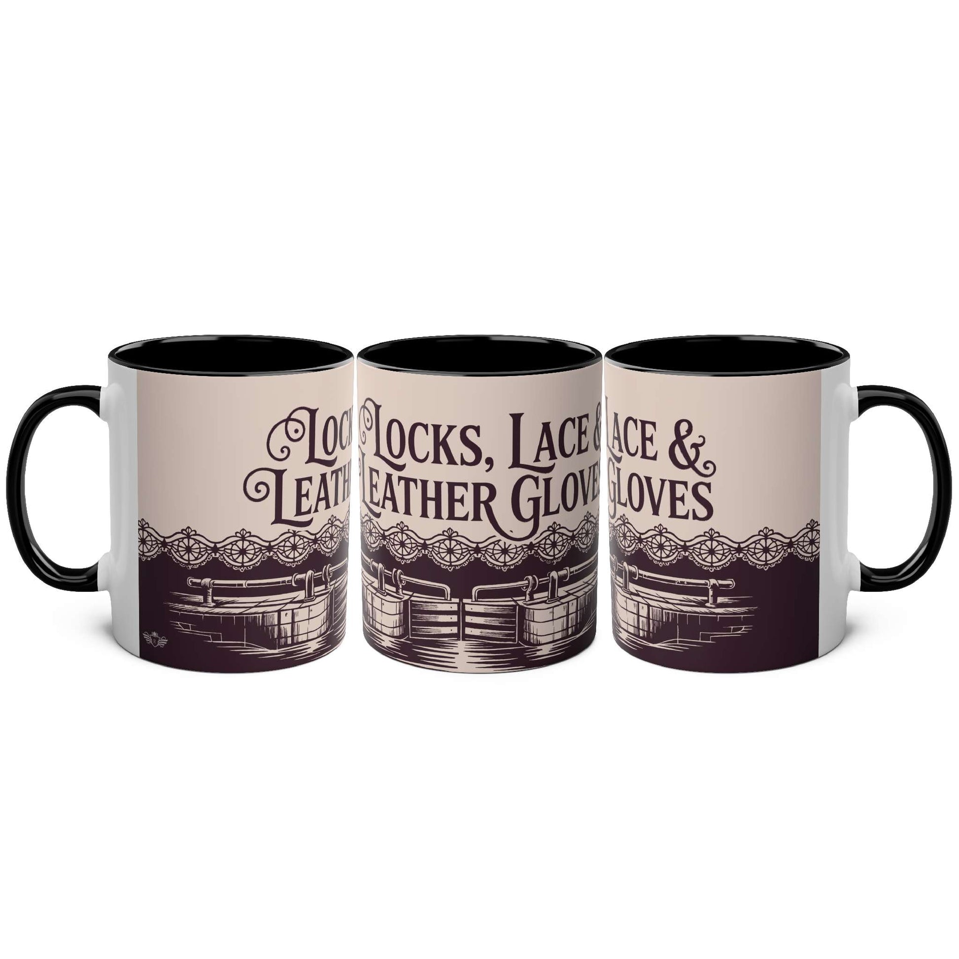 Three mugs with text "Locks, Lace & Leather Gloves" on a beige background