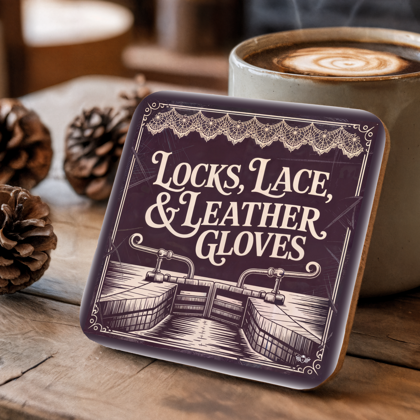 Coaster with "Locks, Lace, & Leather Gloves" text and design on a wooden surface with a coffee cup.