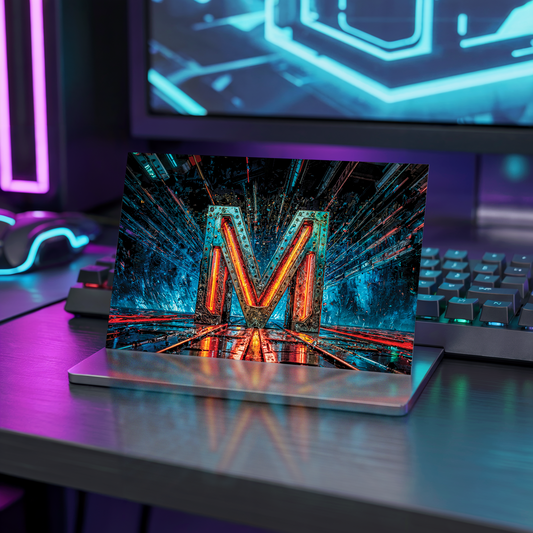 Postcard with futuristic design and letter M on a desk with neon lights