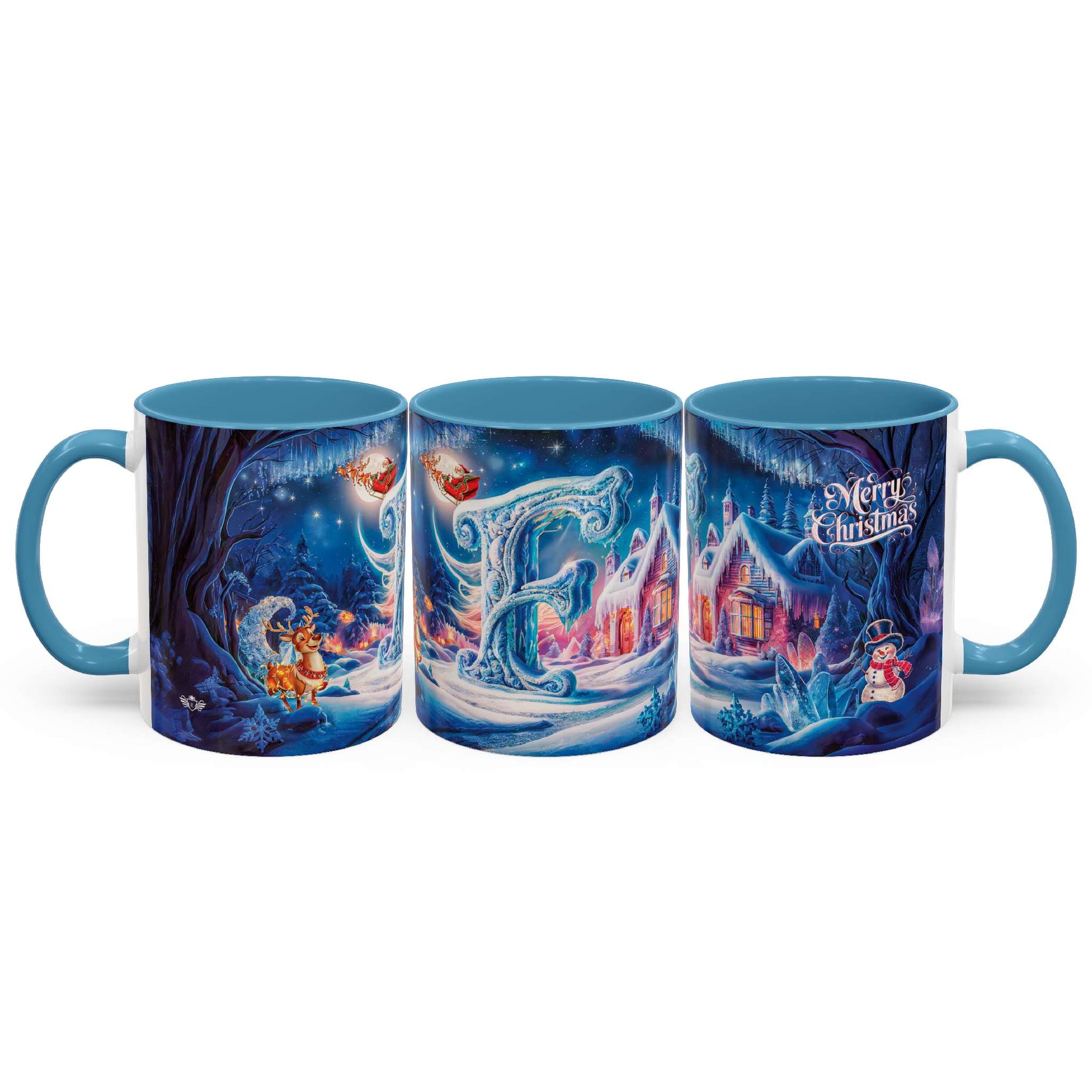 Set of three Christmas-themed mugs with festive designs on a white background