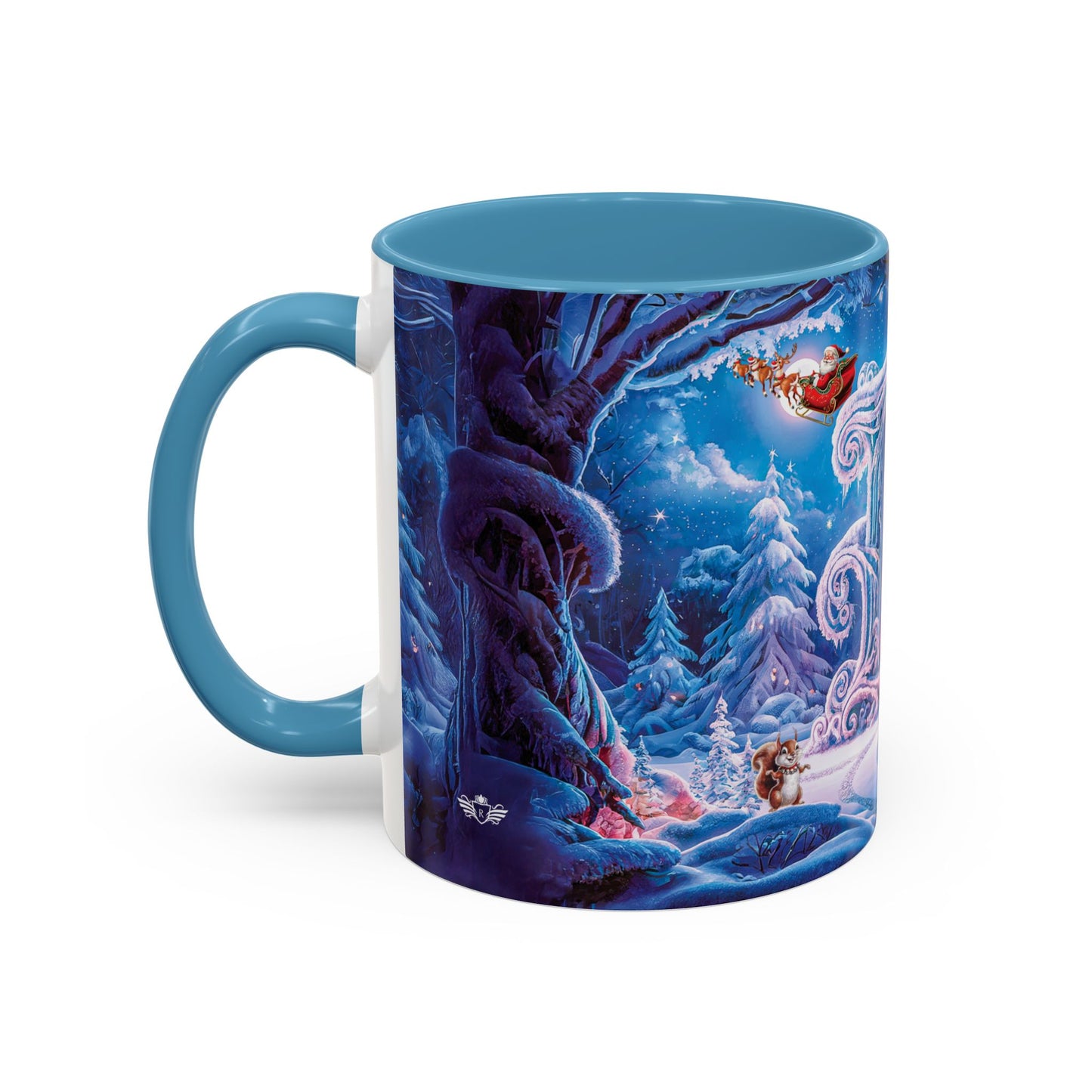 Mug with a winter scene design featuring characters and snowy landscape.