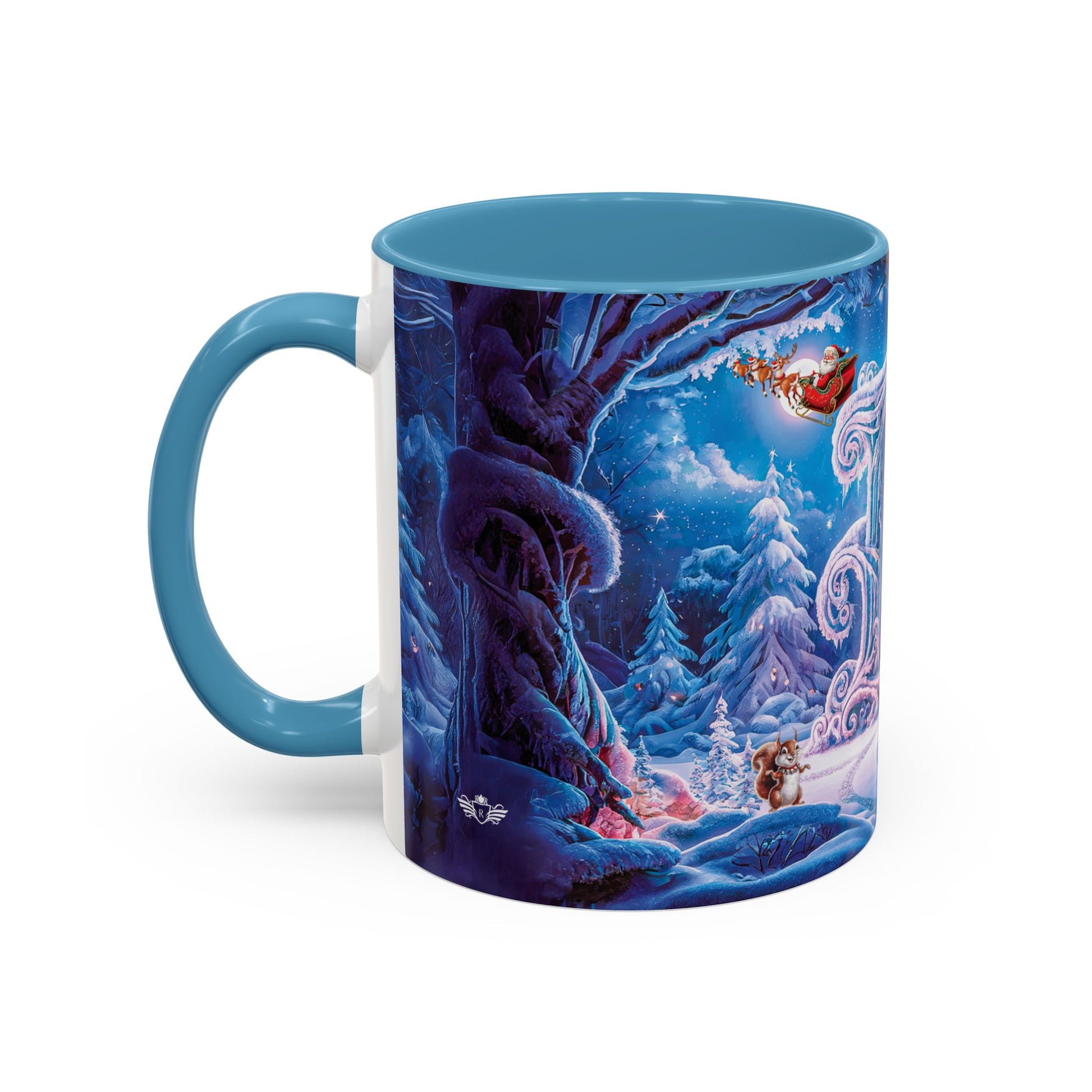 Mug with a winter scene design featuring characters and snowy landscape.