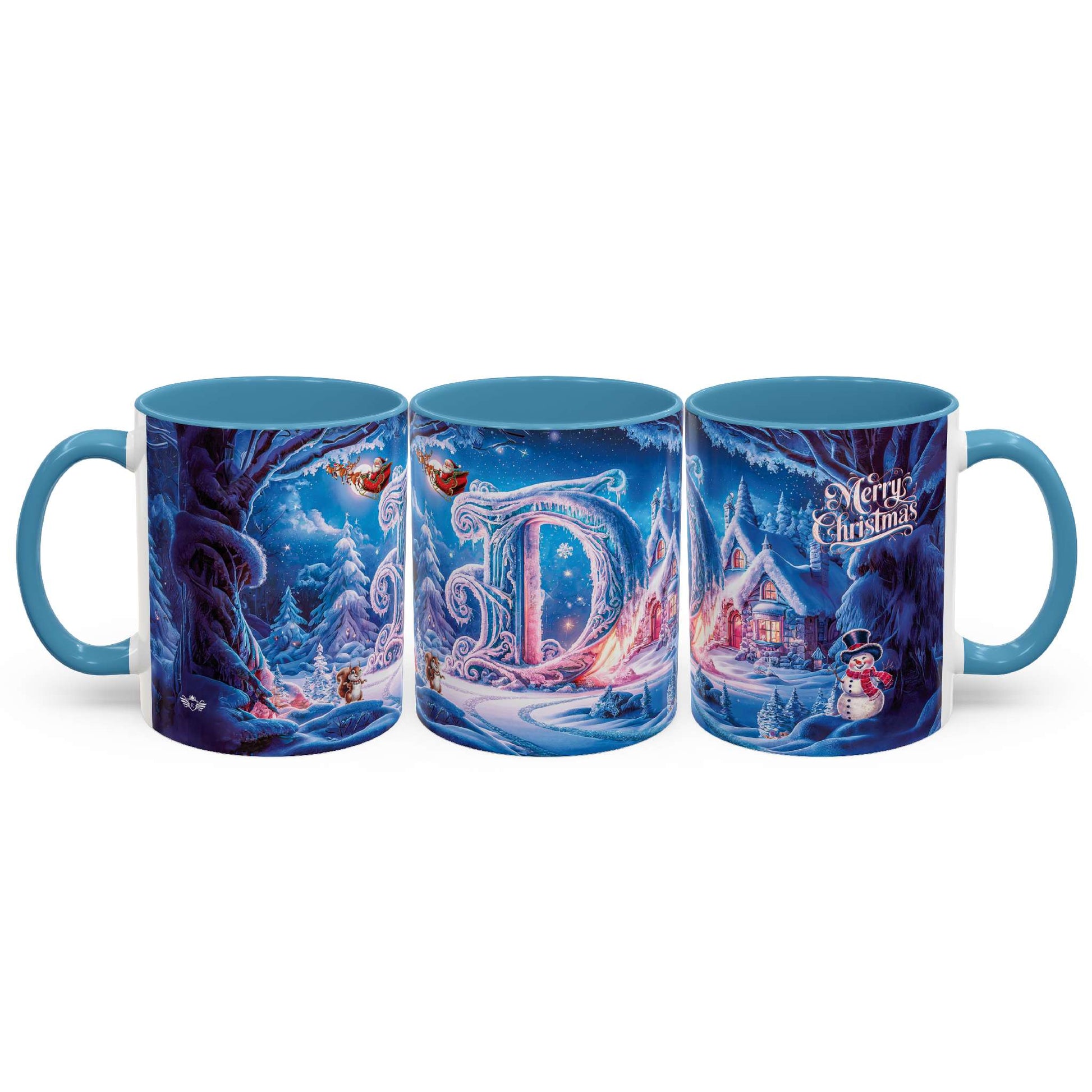 Three mugs with Christmas-themed designs on a white background