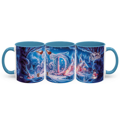 Three mugs with Christmas-themed designs on a white background
