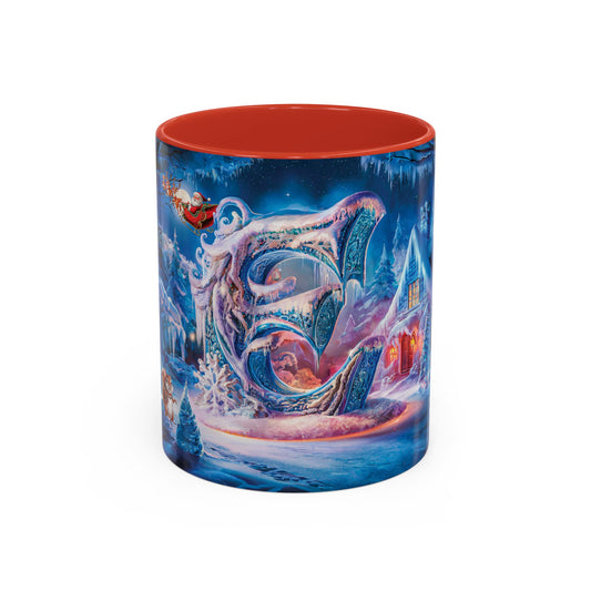 Mug with a colorful Christmas design of a sleigh and reindeer on a white background