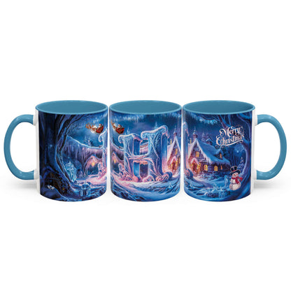 Set of three Christmas-themed mugs with festive designs on a white background