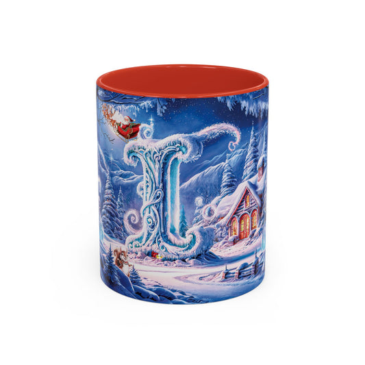 Mug with a winter scene design featuring Santa Claus and a house, on a white background.