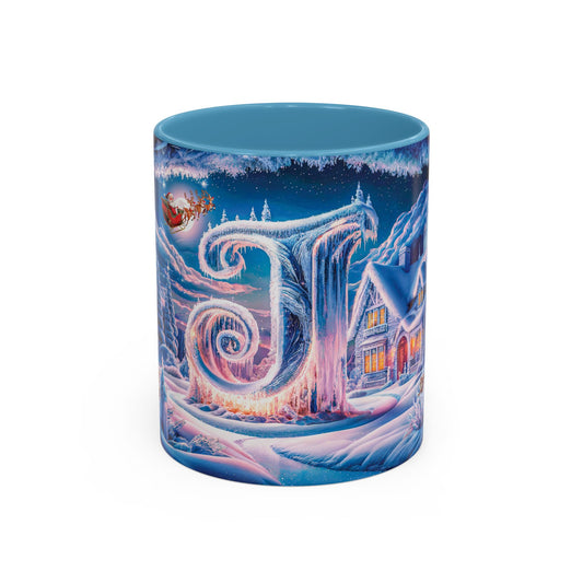 Mug with a winter scene design featuring a house and Santa Claus.