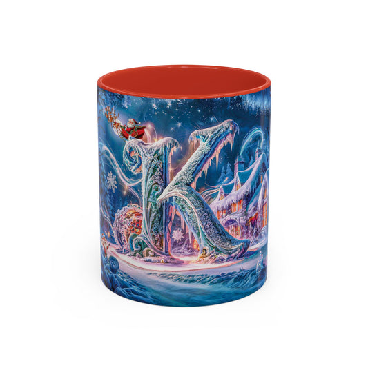 Mug with a winter-themed design and a red interior