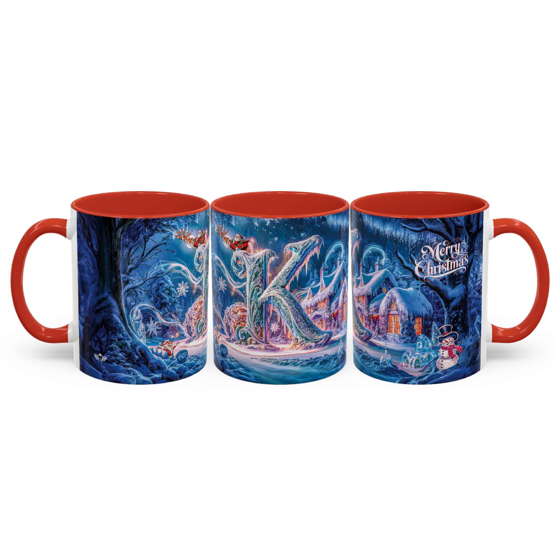 Three mugs with Christmas-themed designs on a white background