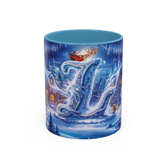 Mug with a festive design of Santa Claus and a sleigh flying over a snowy landscape.
