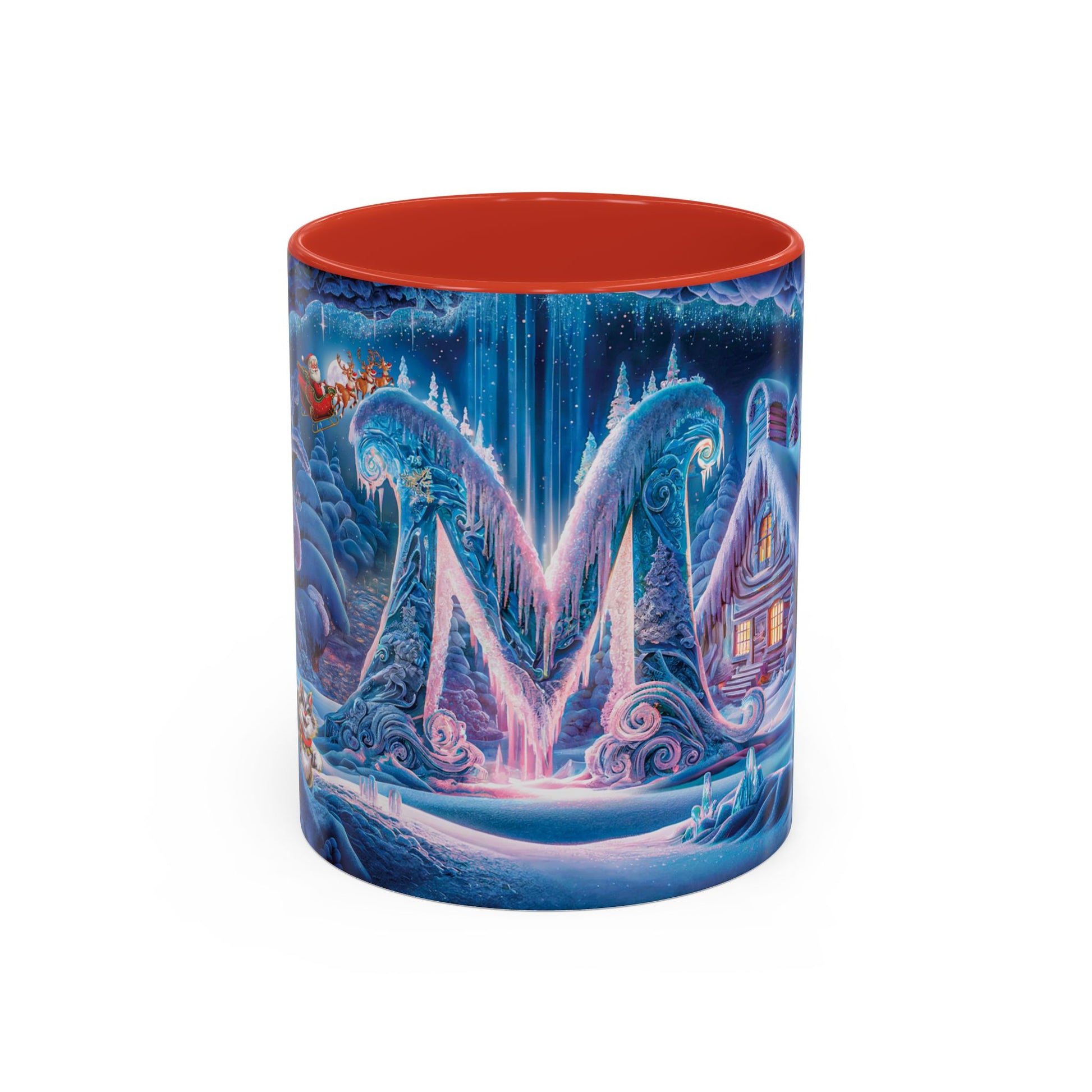 Mug with a winter scene design featuring a house and trees, on a white background.