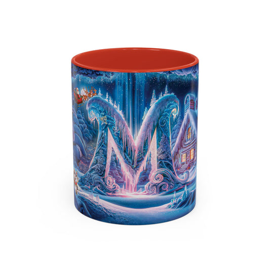 Mug with a winter scene design featuring a house and trees, on a white background.
