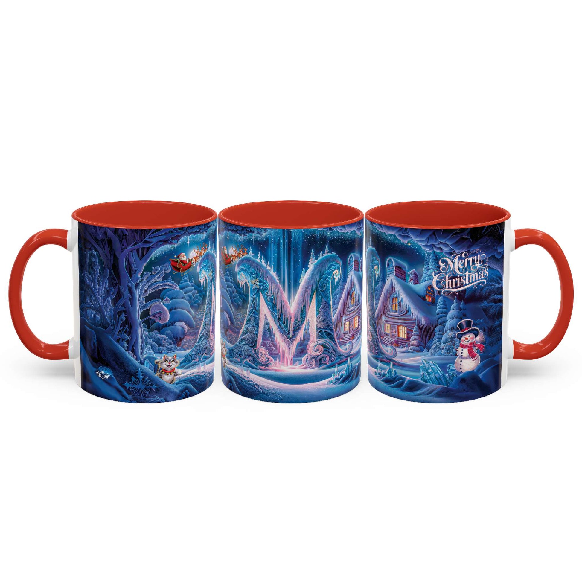 Set of three Christmas-themed mugs with red interiors on a white background