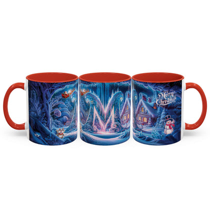 Set of three Christmas-themed mugs with red interiors on a white background