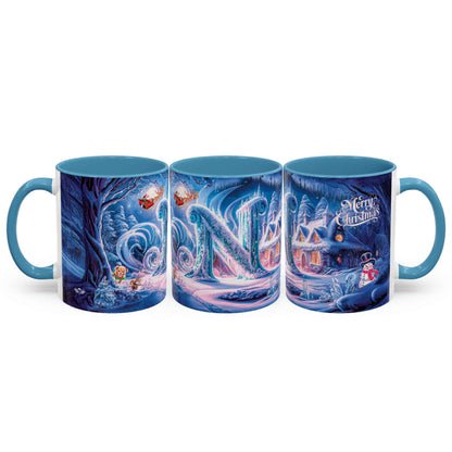 Mug with festive design featuring a snowy landscape and Christmas elements.