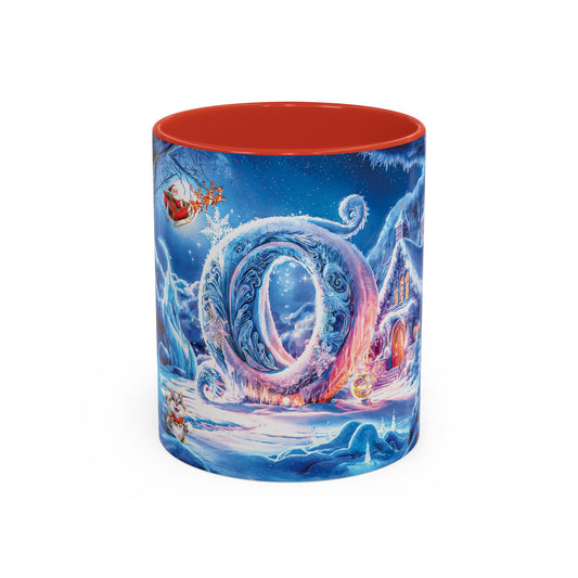 Mug with a Christmas design on a blue background.