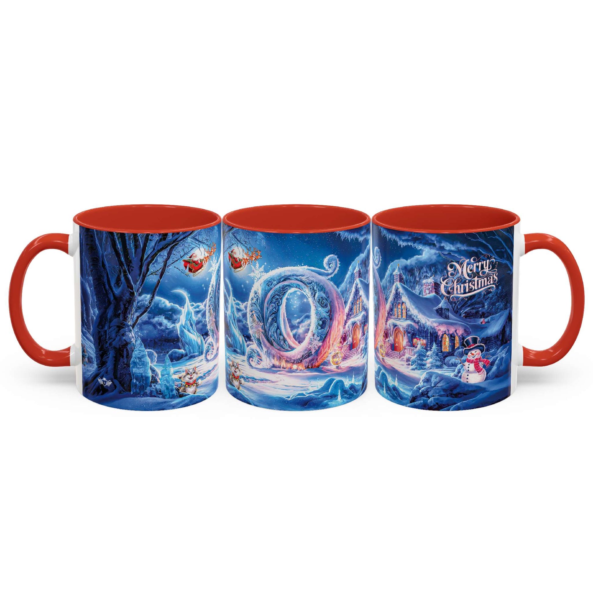 Set of three Christmas-themed mugs with red interiors on a white background