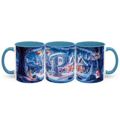 Set of three Christmas-themed mugs with festive designs on a white background