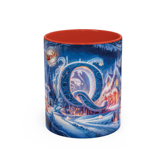 Decorative mug with a festive design featuring a castle and Santa Claus on a blue background.