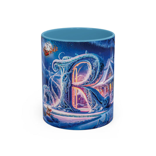 Mug with a decorative design featuring the letter "R" on a blue background