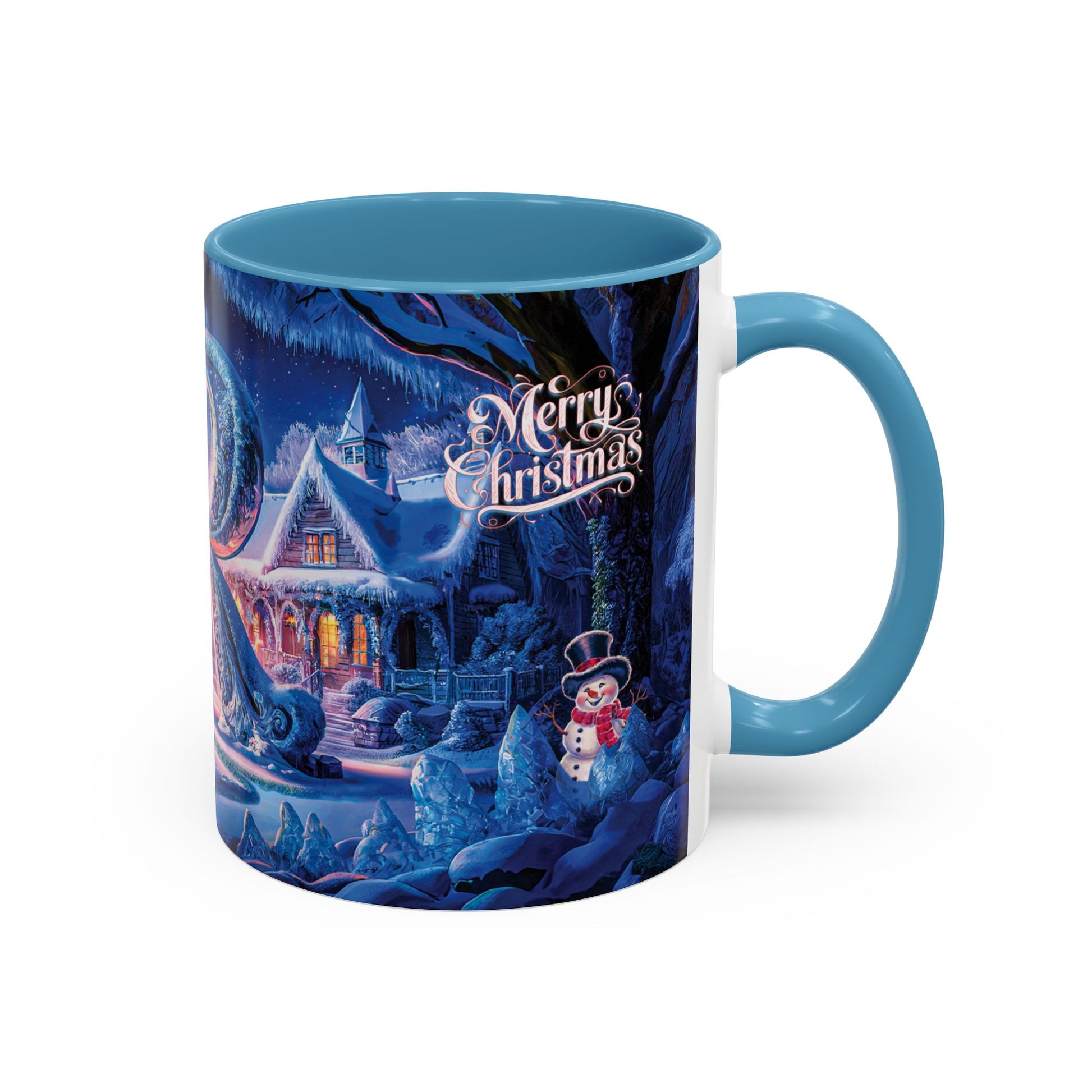 Mug with Christmas-themed design featuring a snowy village and "Merry Christmas" text.