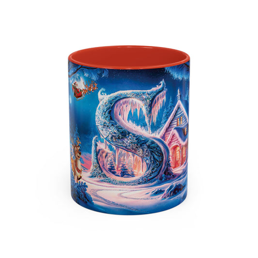 Mug with a festive design featuring Santa Claus and a snowy landscape on a white background