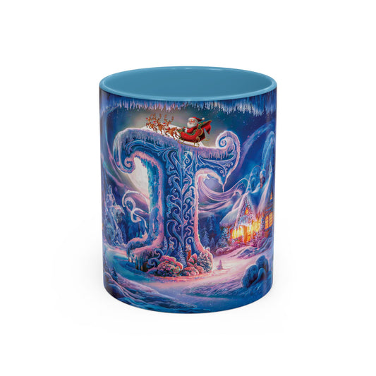 Ceramic mug with festive design featuring Santa Claus and a winter scene on a white background