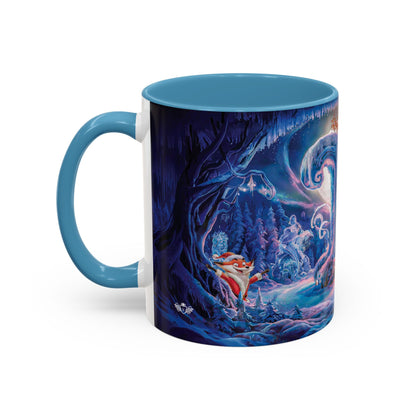 Mug with a Christmas design with blue handle and interior.