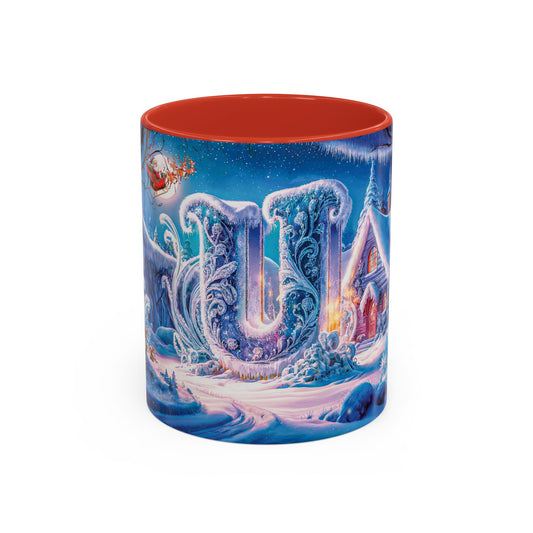 Mug with winter scene design featuring a snowy village and Santa Claus.