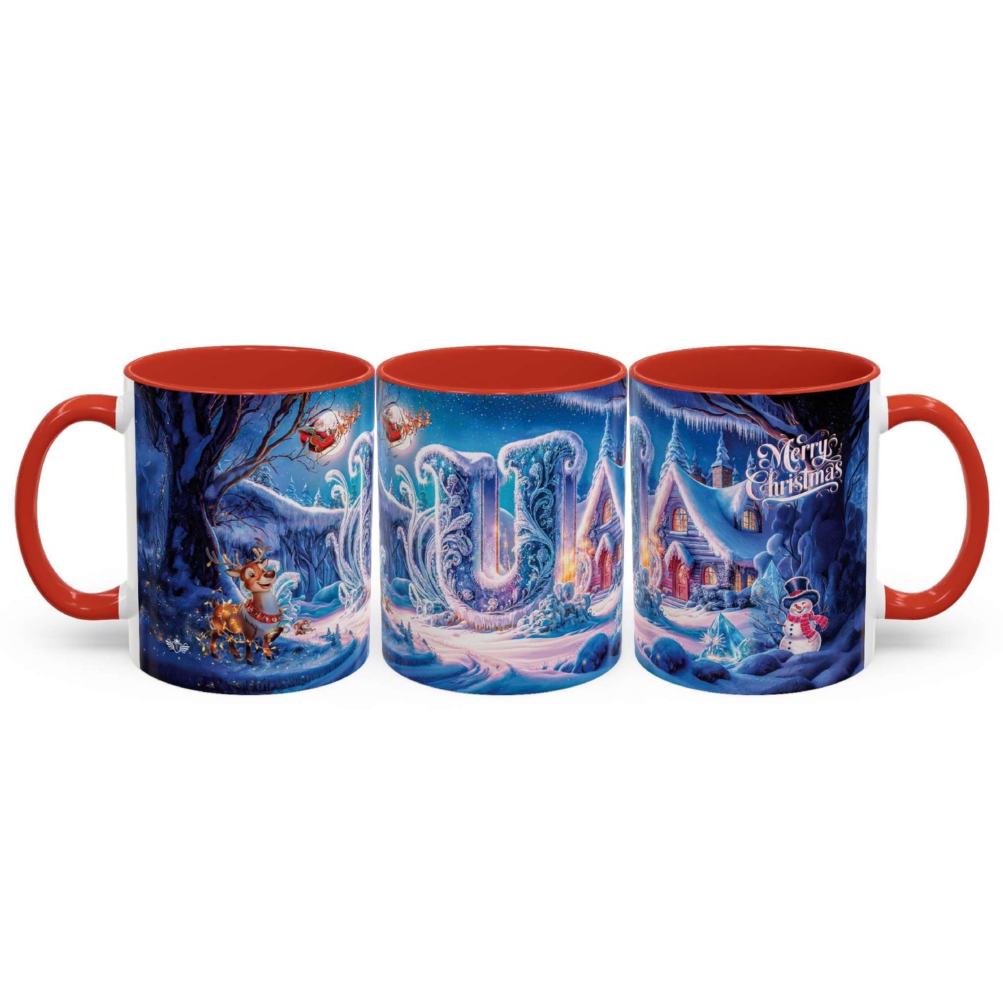 Set of three Christmas-themed mugs with red interiors on a white background