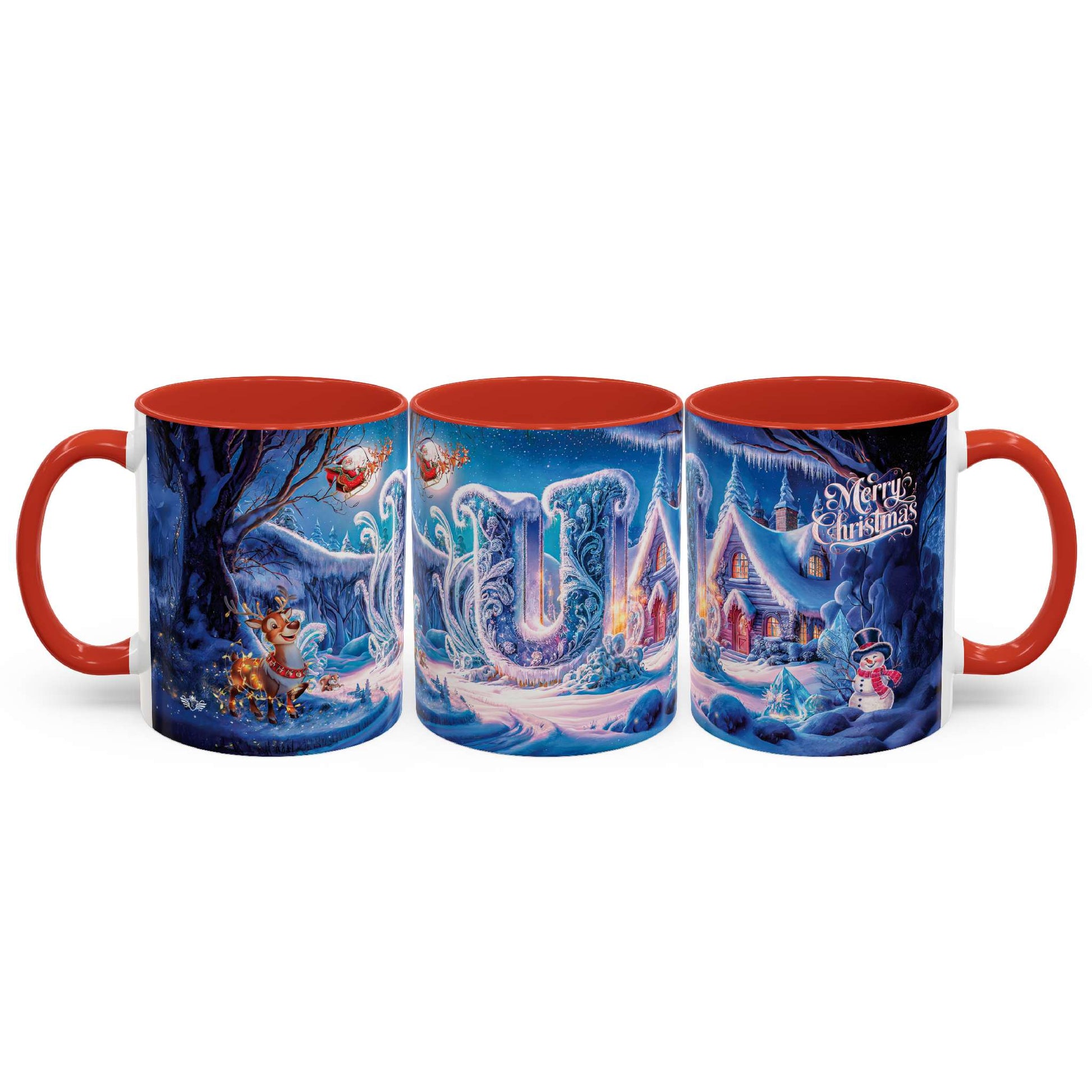 Set of three Christmas-themed mugs with red interiors on a white background