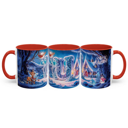 Set of three Christmas-themed mugs with red interiors on a white background