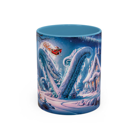 Mug with a winter scene design featuring Santa Claus and icy landscapes.
