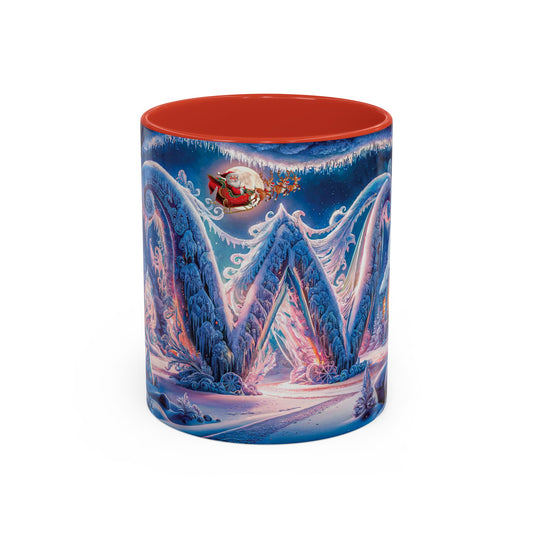Mug with a winter scene design featuring a sleigh and trees on a blue background.