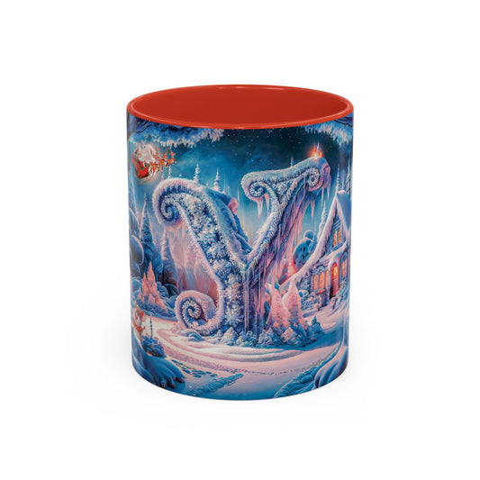 Mug with a winter scene design featuring snow-covered trees and a red interior.