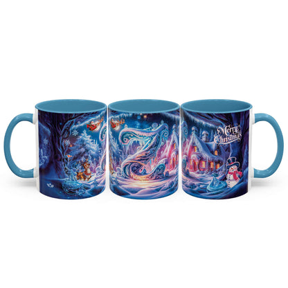 Set of three Christmas-themed mugs with festive designs on a white background