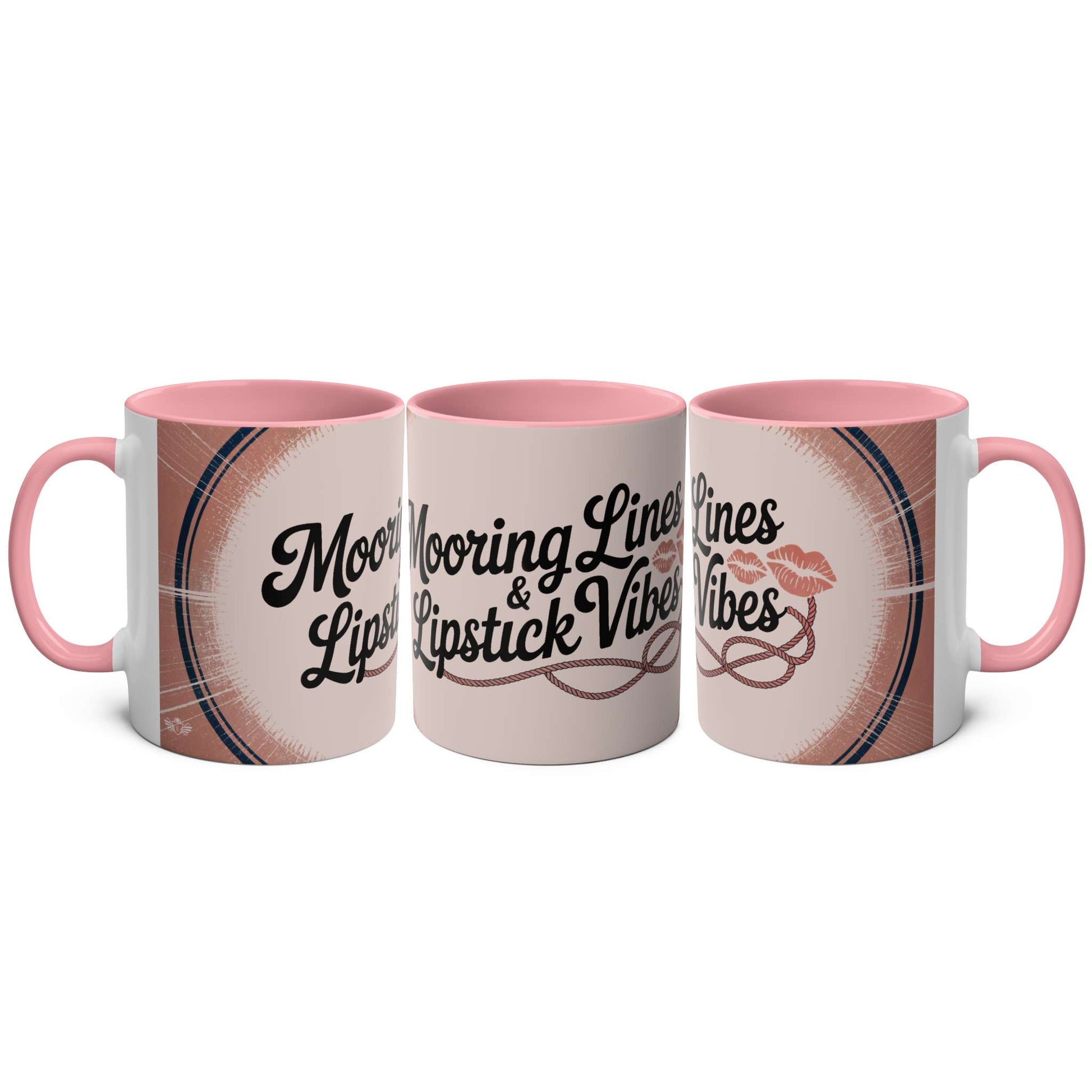 Three mugs with pink interior and handle, featuring text and graphics on a white background.