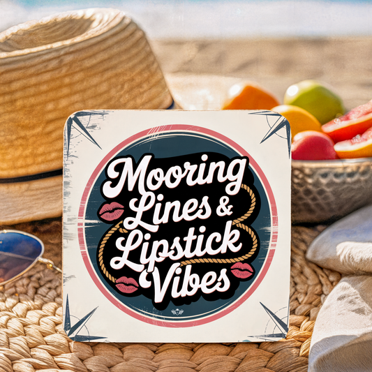 Coaster with "Mooring Lines & Lipstick Vibes" text on a woven surface with fruit in the background
